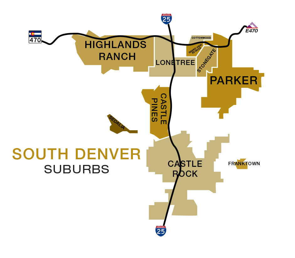 Service area map for Parker, Lone Tree, Castle Pines, and Castle Rock
